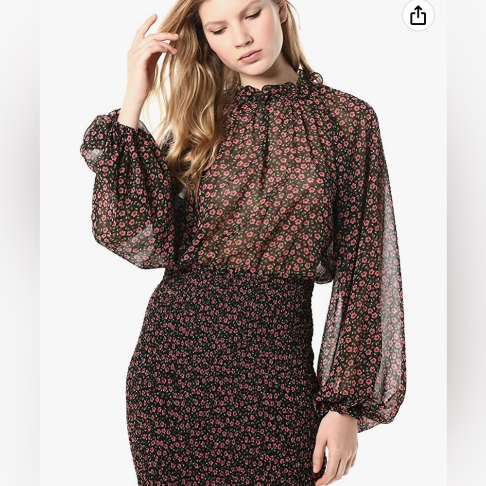 C/MEO Longevity Long Sleeve floral black dress with smocked bottom